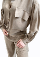 Vicolo - Coordinato safari camicia crop tasche+pantalone cargo in viscosa