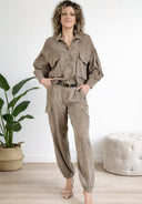 Vicolo - Coordinato safari camicia crop tasche+pantalone cargo in viscosa